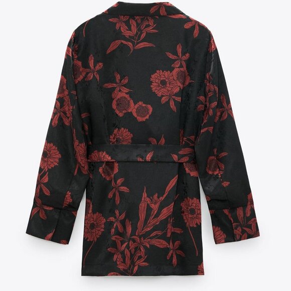 Zara medium silky printed blouse with belt burgundy black witchy corporate goth - Picture 3 of 7